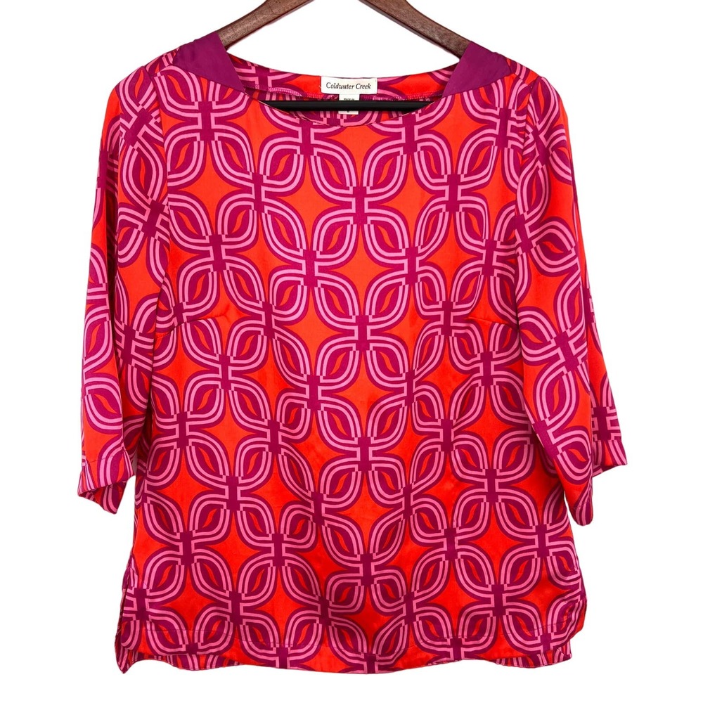 Coldwater Creek Womens Size Small 8 Red Pink Geometric Blouse Shirt Top Business